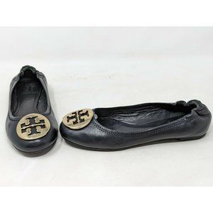TORY BURCH BLACK LEATHER REVA BALLET FLATS GOLD LOGO MEDALLION WOMENS SIZE 6.5